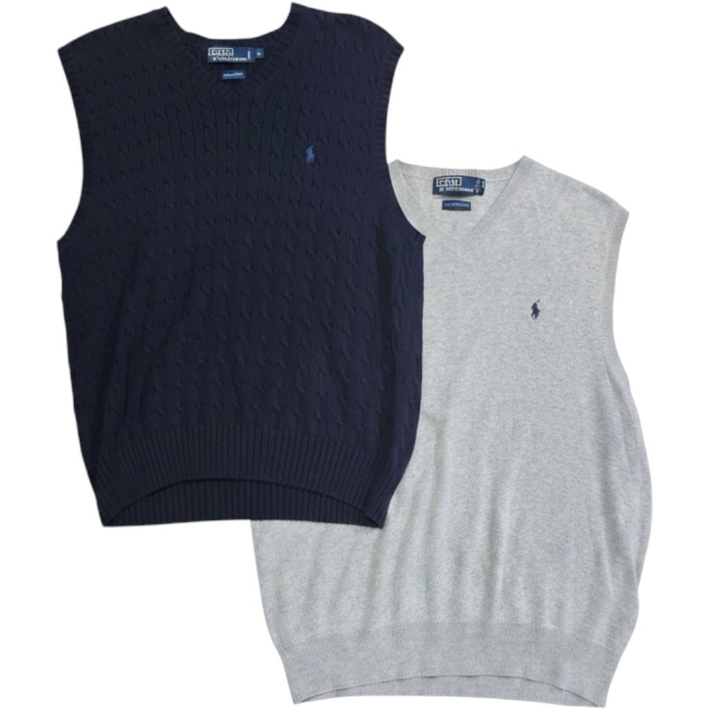 Lot 2 Polo Ralph Lauren Men L Sweater Vests Pima Cotton Cable Knit Navy Gray